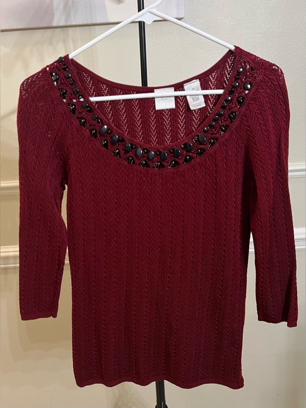 Emma James Burgundy Crochet Beaded Collar 3/4 Sleeve Top! Size Medium.